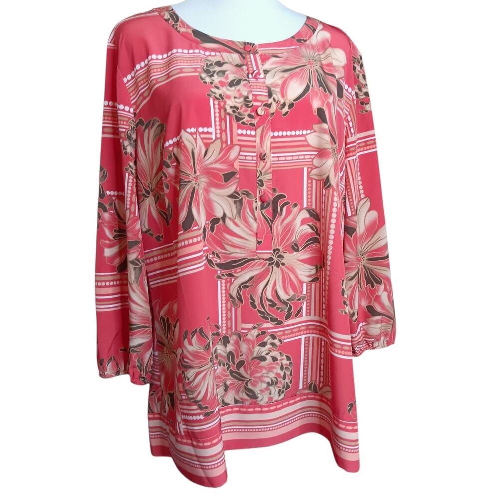 JM COLLECTION Blouse Top 16 XL Coral Pink Floral Bright Colorful Artsy Career - Picture 4 of 7